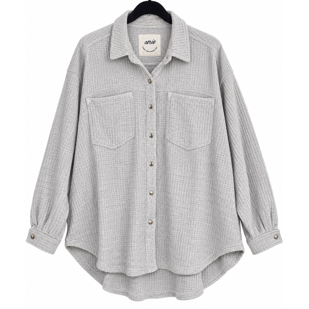 Aerie Oversized Waffle Knit Shacket Light Gray Button Down Shirt Jacket XL
